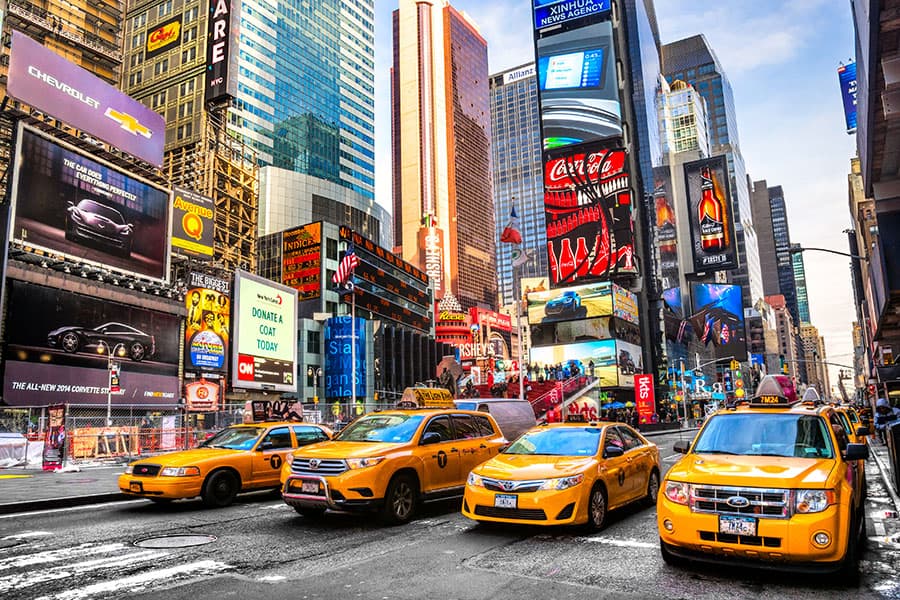 Taxi cabs on a city street